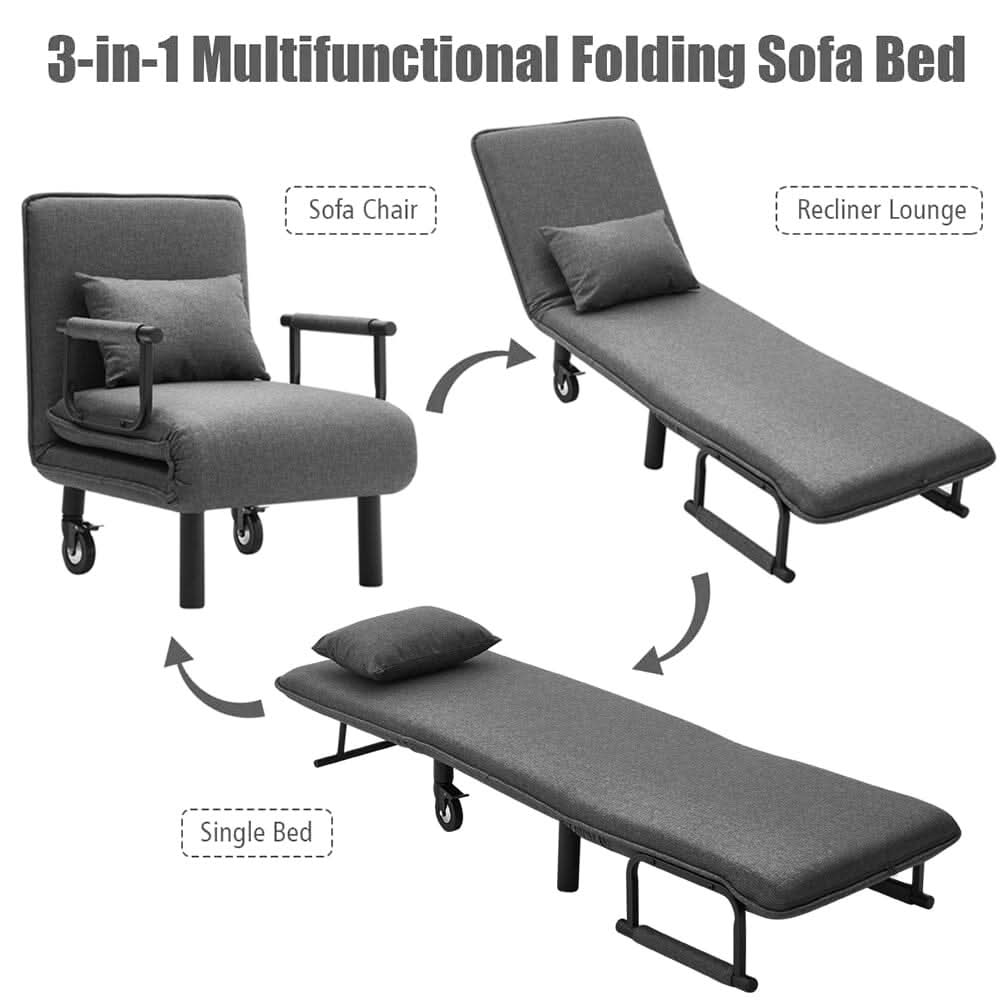 Grey/Khaki Upholstered Single Sleeper Chair Convertible Sofa Bed with Metal Legs