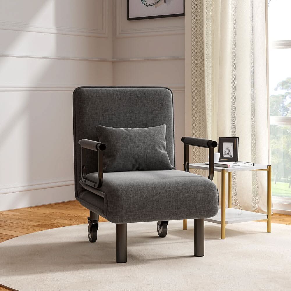 Grey/Khaki Upholstered Single Sleeper Chair Convertible Sofa Bed with Metal Legs