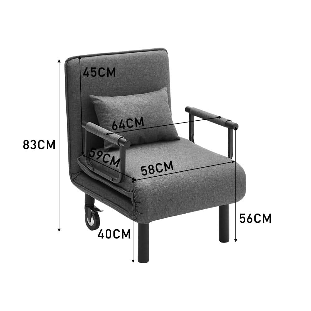 Grey/Khaki Upholstered Single Sleeper Chair Convertible Sofa Bed with Metal Legs