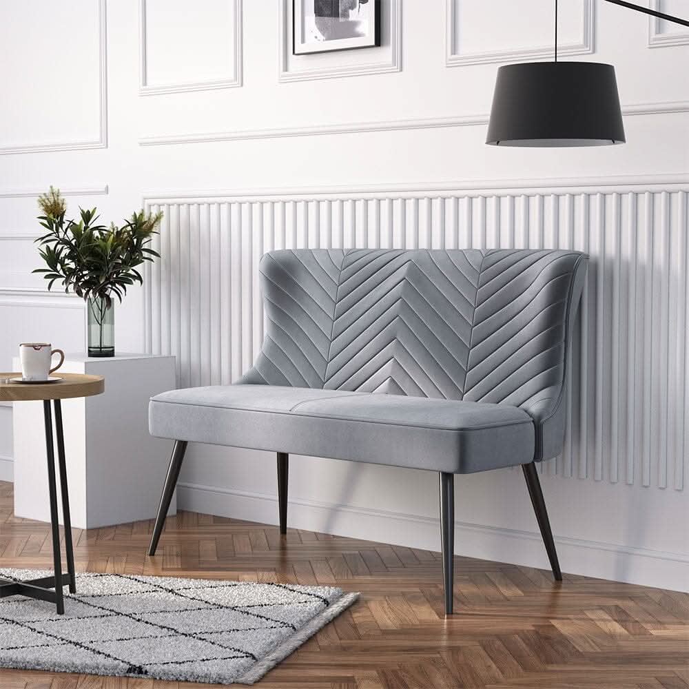 2 Seater Bench Sofa Grey Velvet Metal Legs