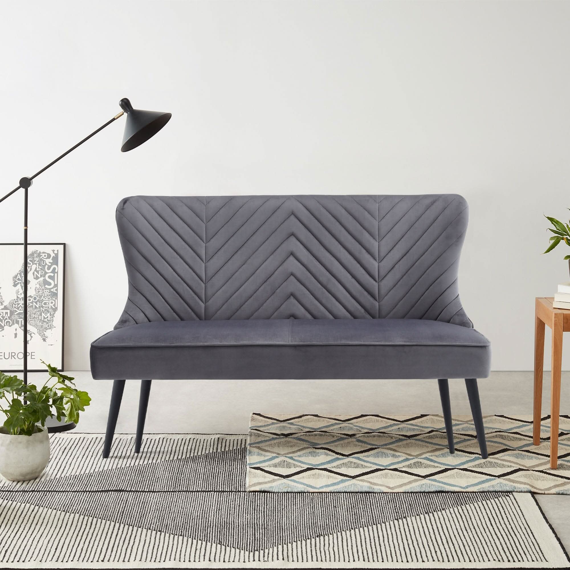 2 Seater Bench Sofa Grey Velvet Metal Legs