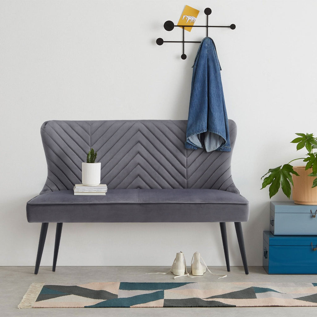 2 Seater Bench Sofa Grey Velvet Metal Legs