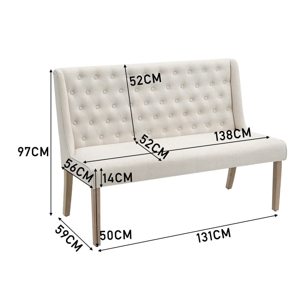 2 Seater Bench Sofa Beige Linen Rubber Wood Legs
