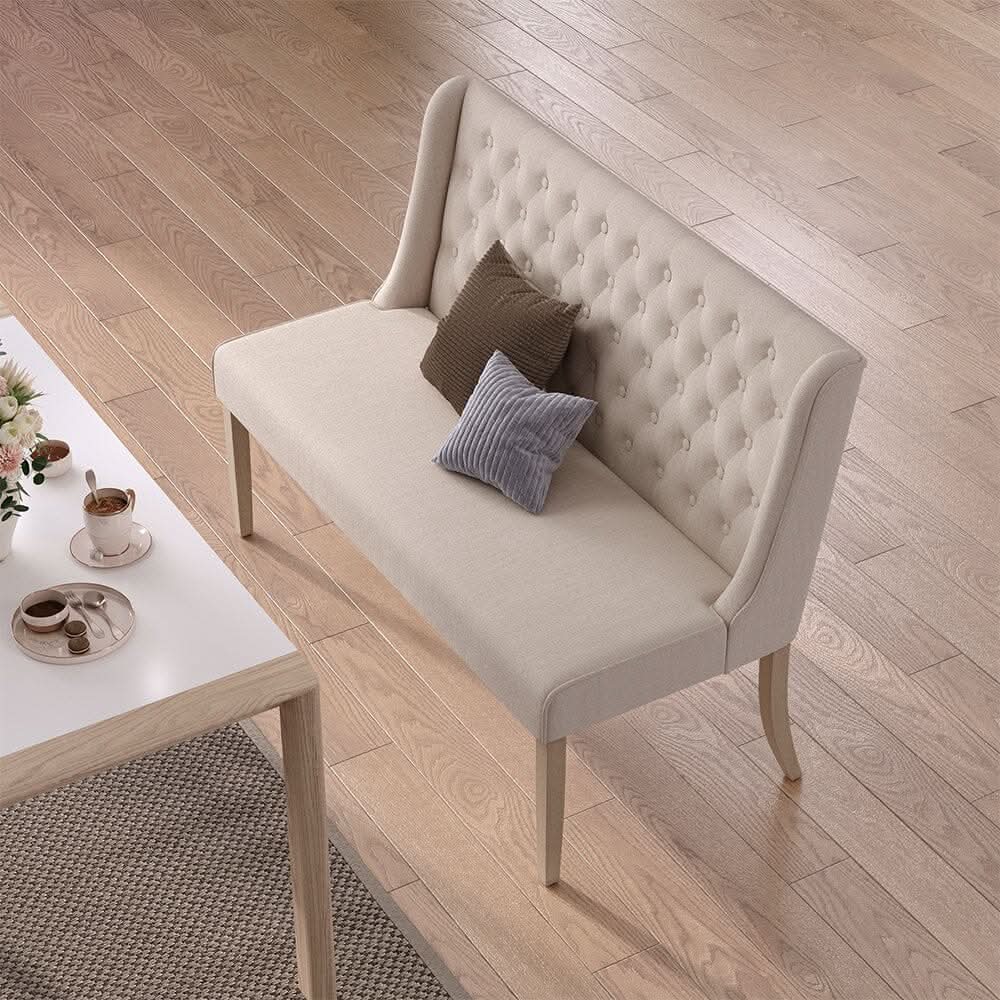 2 Seater Bench Sofa Beige Linen Rubber Wood Legs