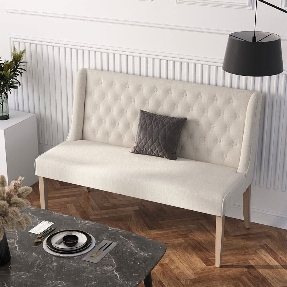 2 Seater Bench Sofa Beige Linen Rubber Wood Legs