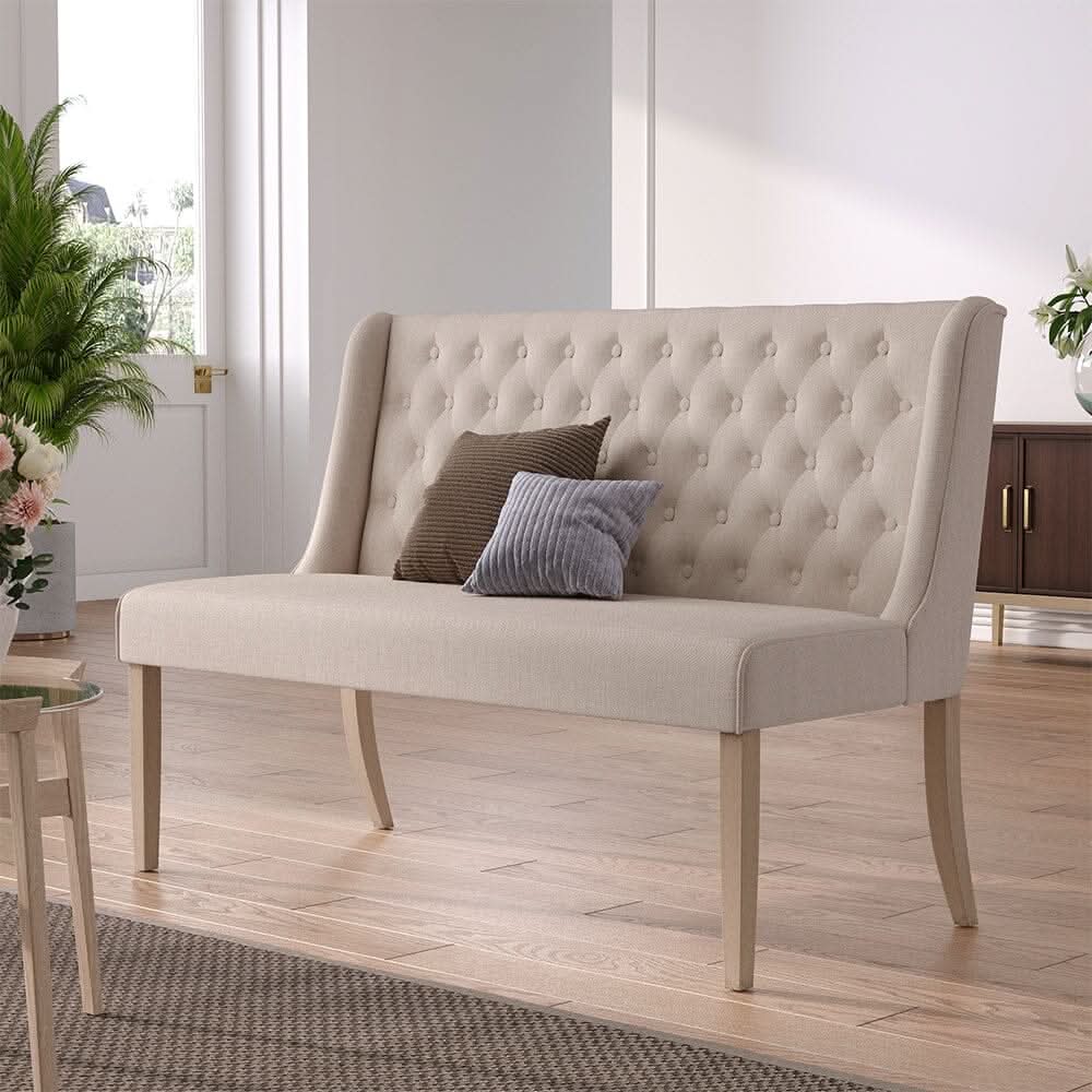 2 Seater Bench Sofa Beige Linen Rubber Wood Legs