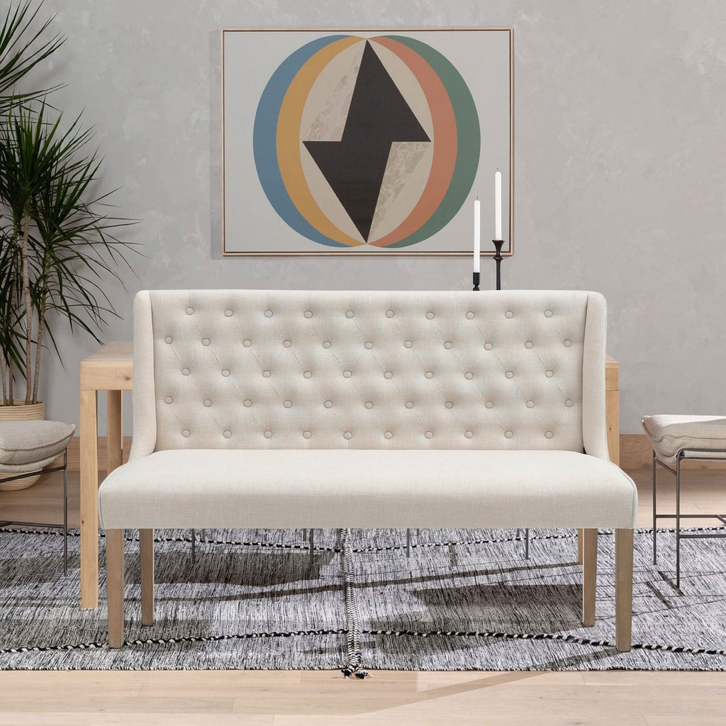2 Seater Bench Sofa Beige Linen Rubber Wood Legs