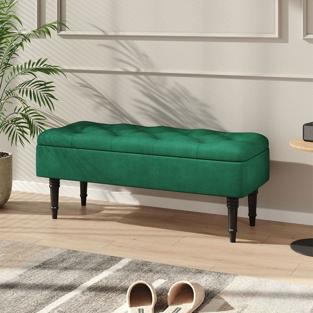 Teal Velvet Storage Bench with Tufted Top