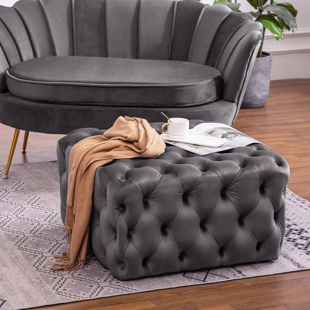 Chesterfield Style Square Ottoman Grey Velvet with Full Tufting
