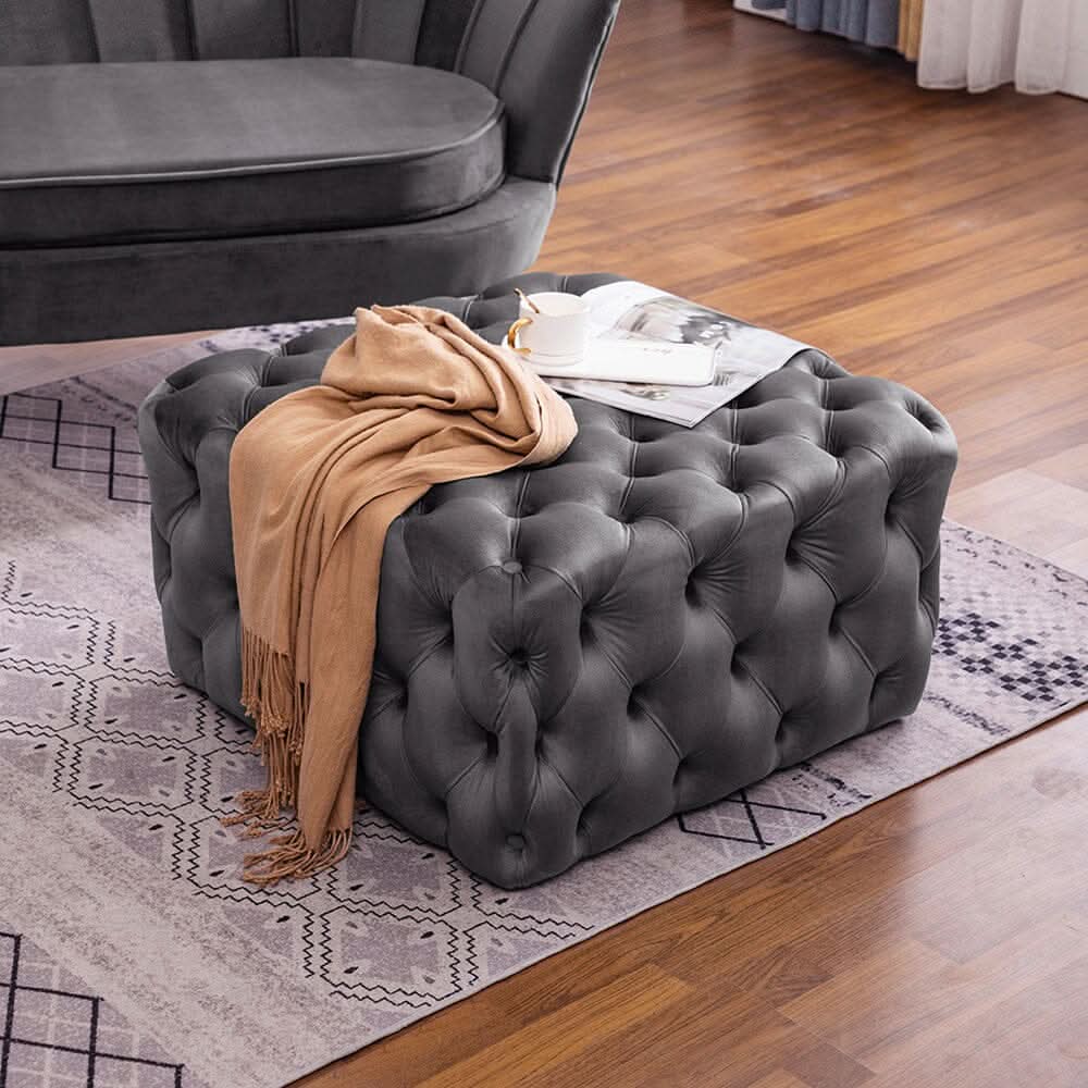 Chesterfield Style Square Ottoman Grey Velvet with Full Tufting