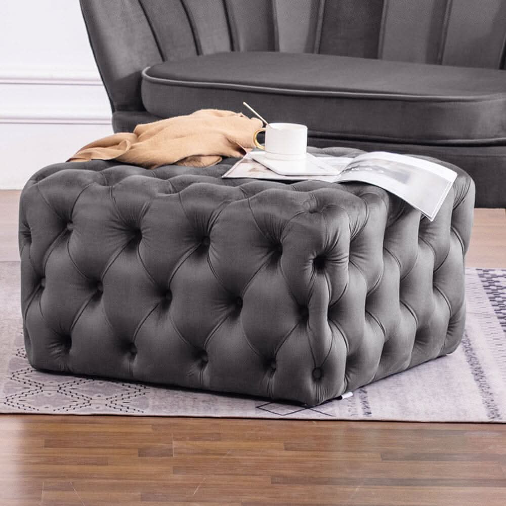 Chesterfield Style Square Ottoman Grey Velvet with Full Tufting