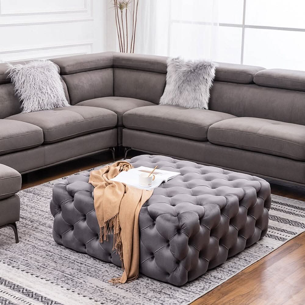 Chesterfield Style Square Ottoman Grey Velvet with Full Tufting