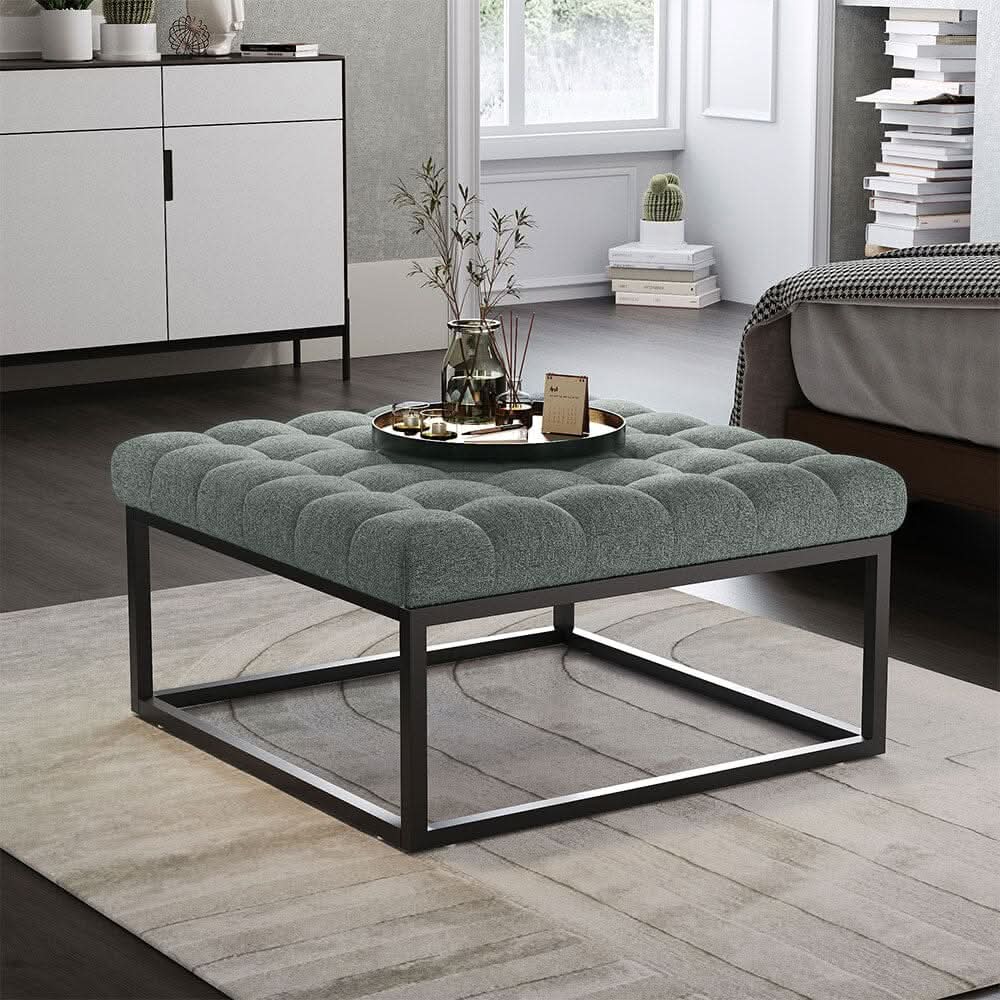 Large Square Ottoman Bench Linen Fabric with Tufted Detail &amp; Metal Frame