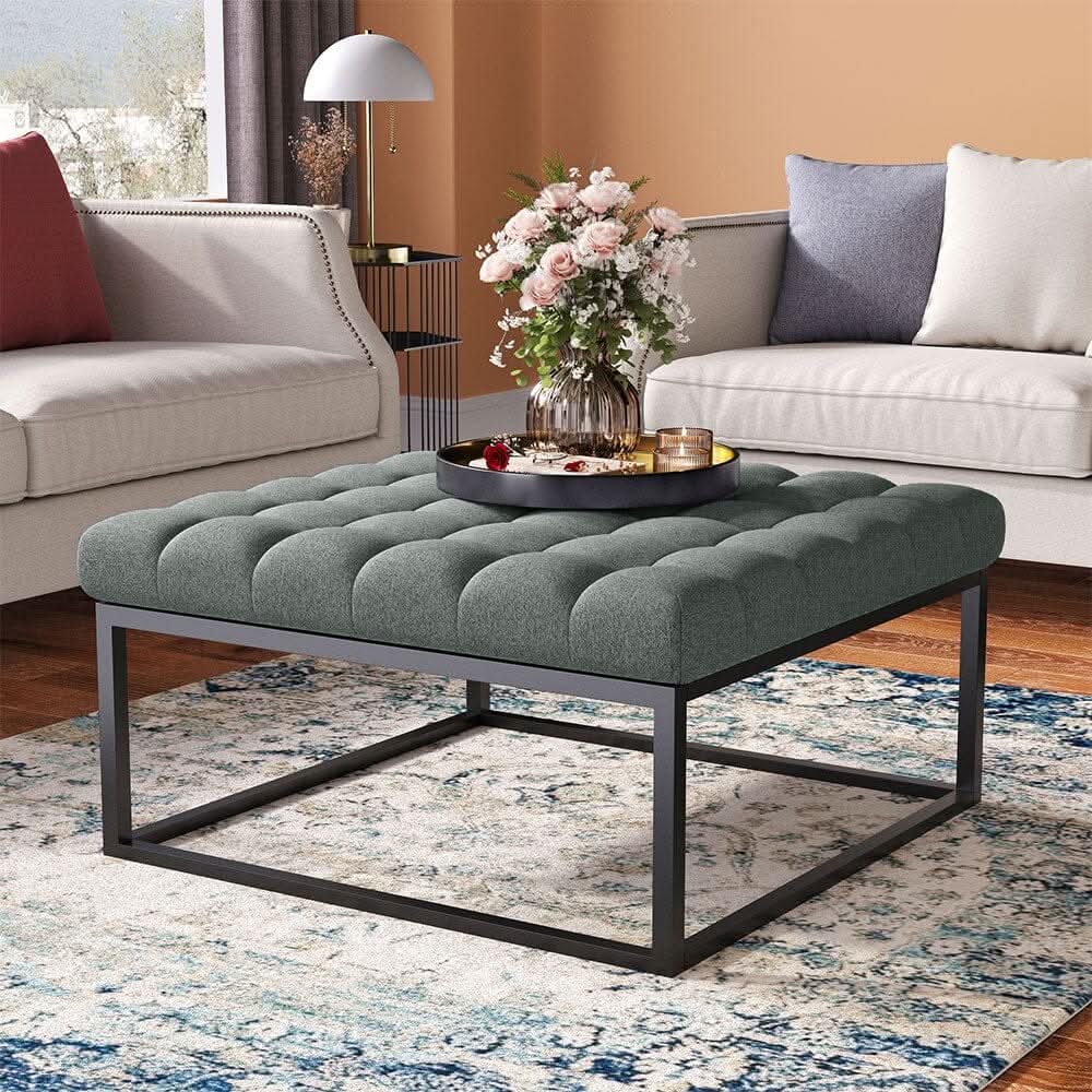 Large Square Ottoman Bench Linen Fabric with Tufted Detail &amp; Metal Frame