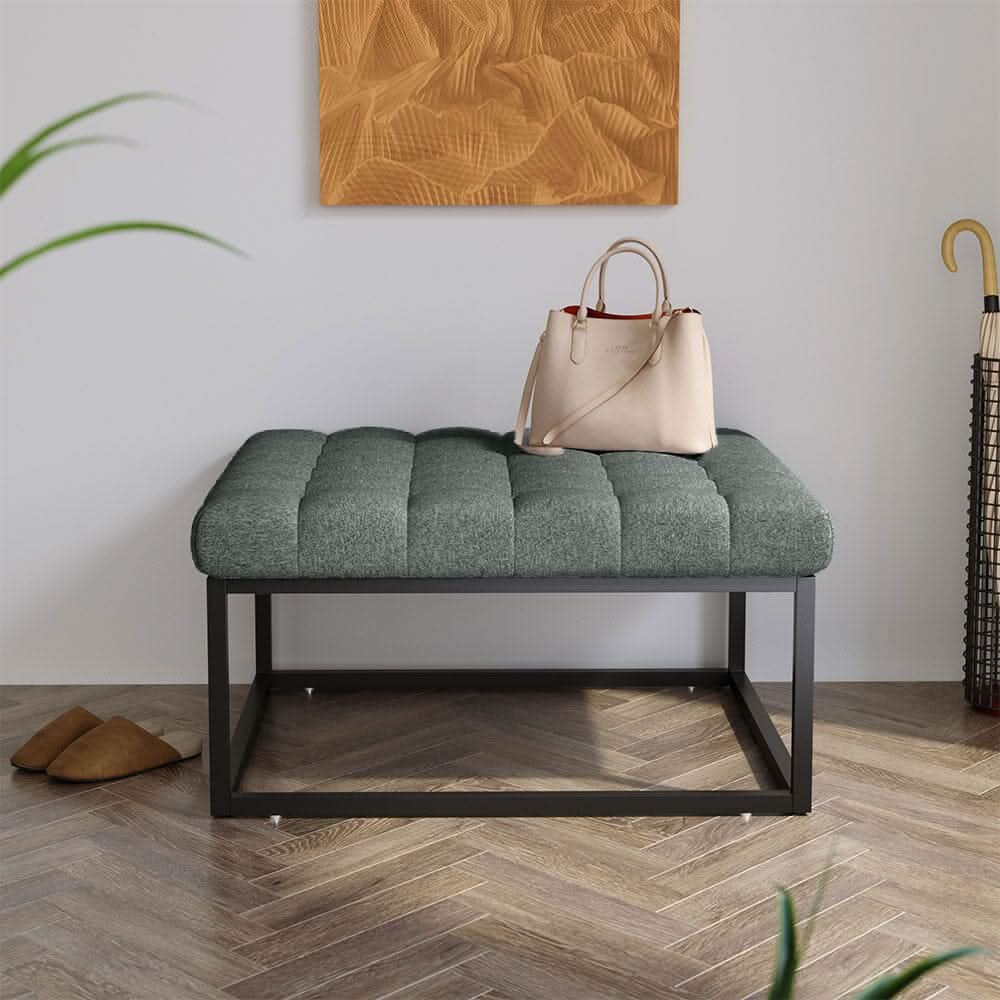 Large Square Ottoman Bench Linen Fabric with Tufted Detail &amp; Metal Frame