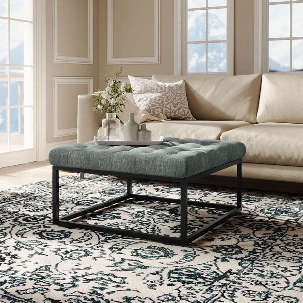 Large Square Ottoman Bench Linen Fabric with Tufted Detail &amp; Metal Frame