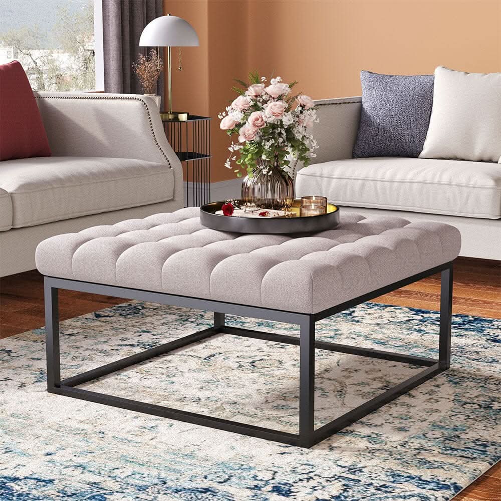 Large Square Ottoman Bench Linen Fabric with Tufted Detail &amp; Metal Frame