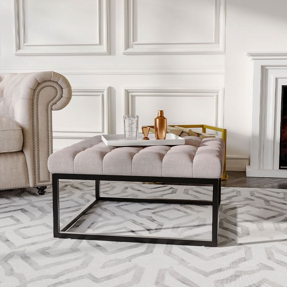 Large Square Ottoman Bench Linen Fabric with Tufted Detail &amp; Metal Frame