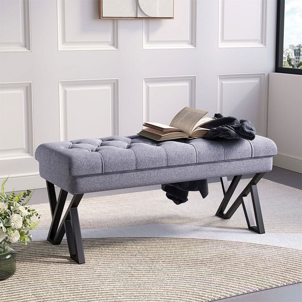 Mid Century Soft Metal Upholstered Bench