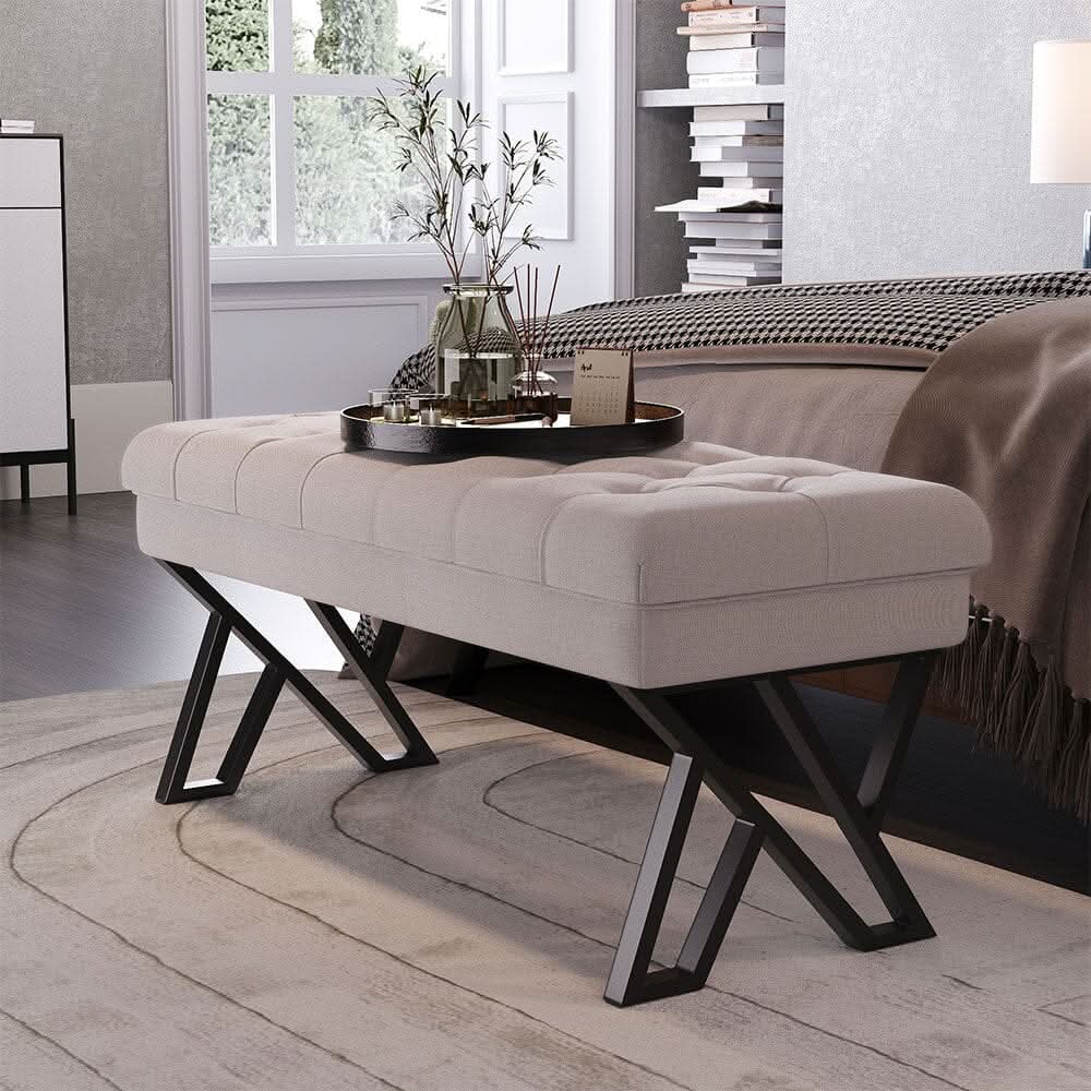 Rectangular Tufted Bench with Metal Frame Linen Fabric