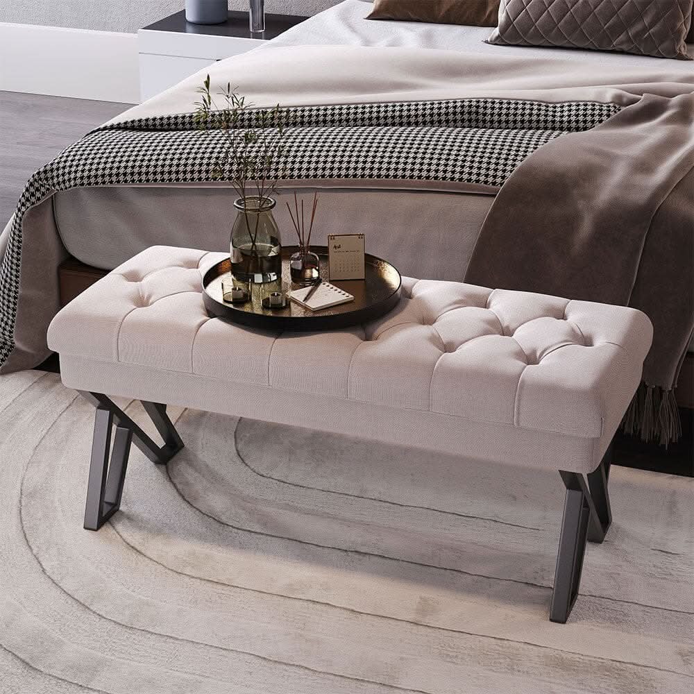Rectangular Tufted Bench with Metal Frame Linen Fabric