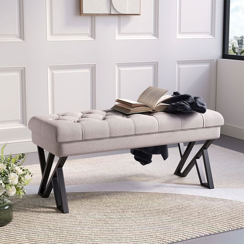 Rectangular Tufted Bench with Metal Frame Linen Fabric