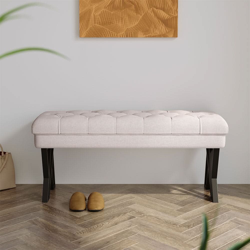 Rectangular Tufted Bench with Metal Frame Linen Fabric