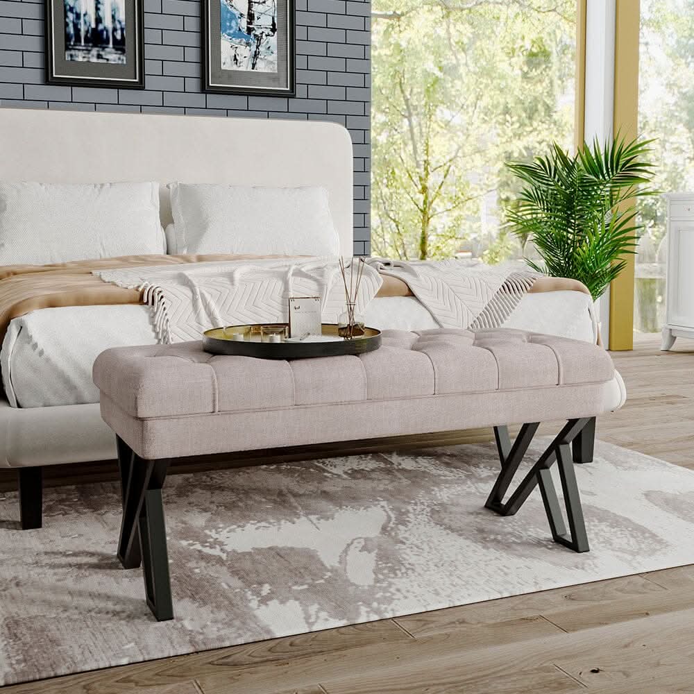 Rectangular Tufted Bench with Metal Frame Linen Fabric