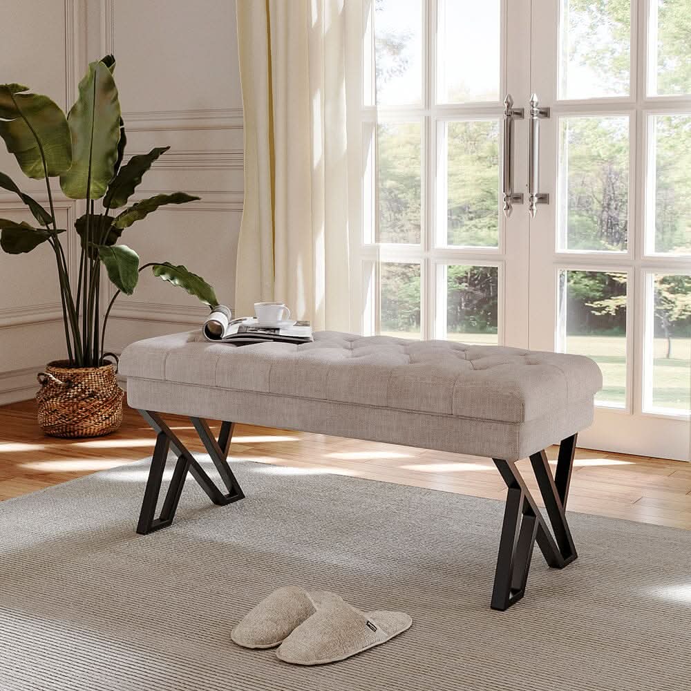 Rectangular Tufted Bench with Metal Frame Linen Fabric
