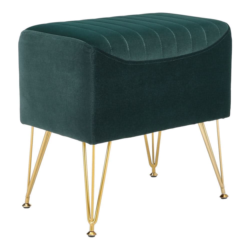 Mid-Century Modern Ribbed Ottoman Stool Green Velvet with Gold Legs