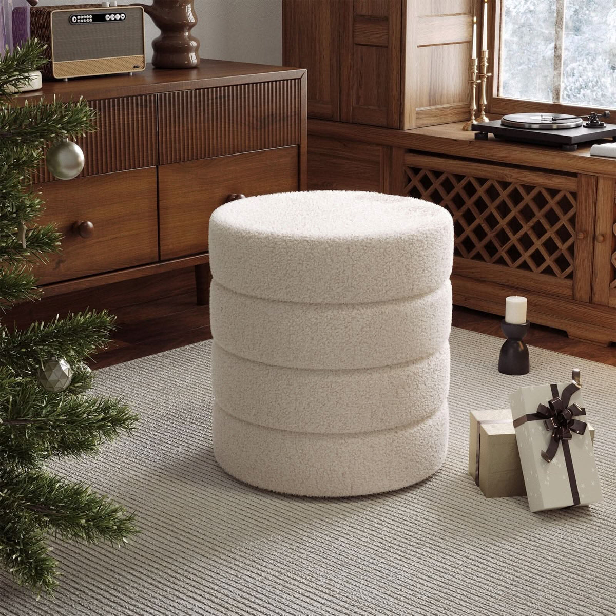 Round Stacked Teddy Fabric Stool