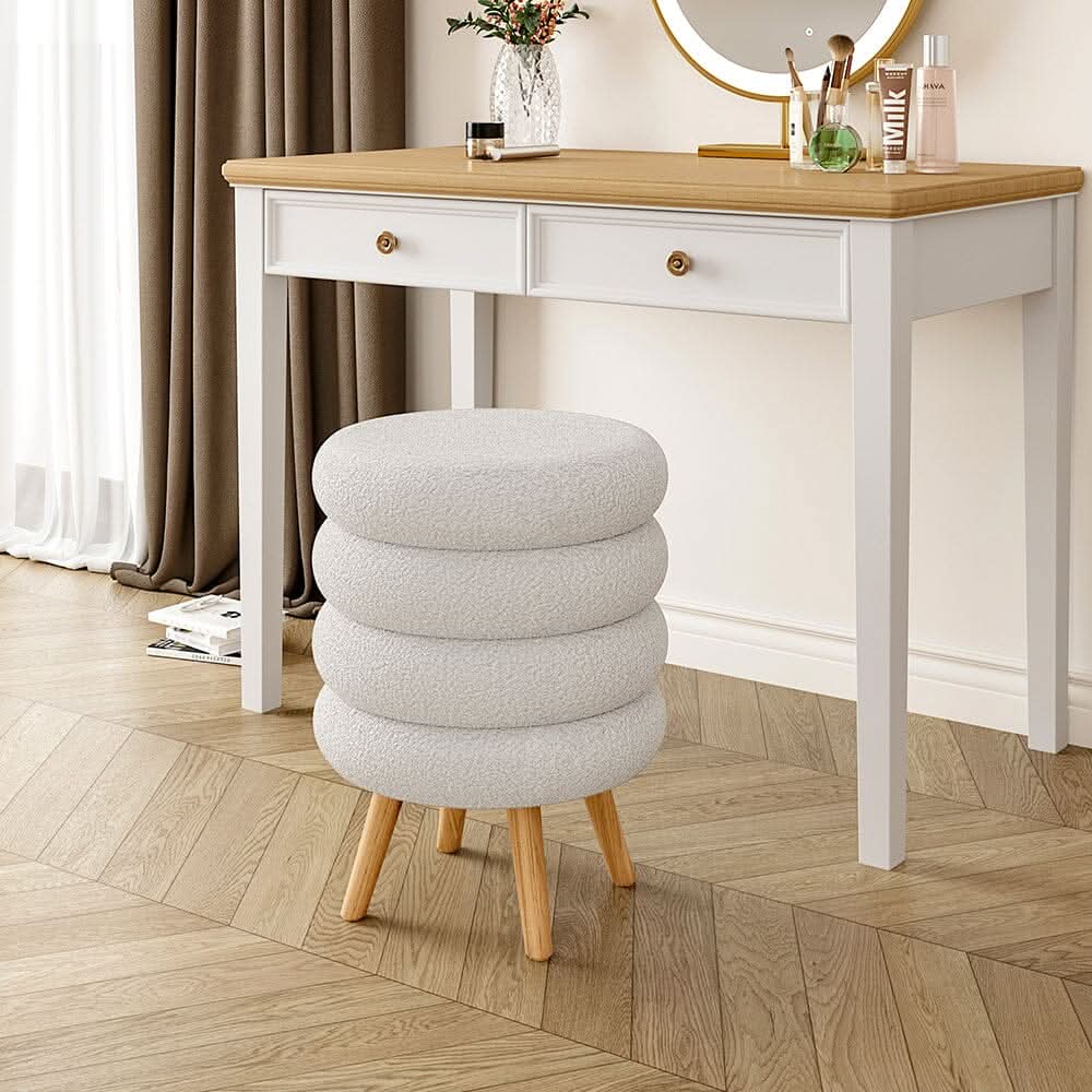 Round Stacked Teddy Fabric Stool with Wooden Legs