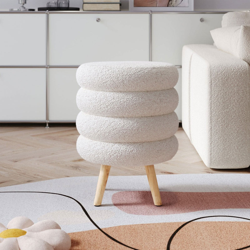 Round Stacked Teddy Fabric Stool with Wooden Legs