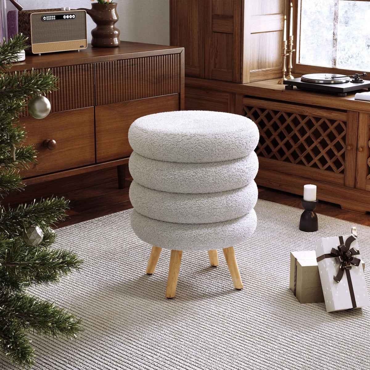 Round Stacked Teddy Fabric Stool with Wooden Legs