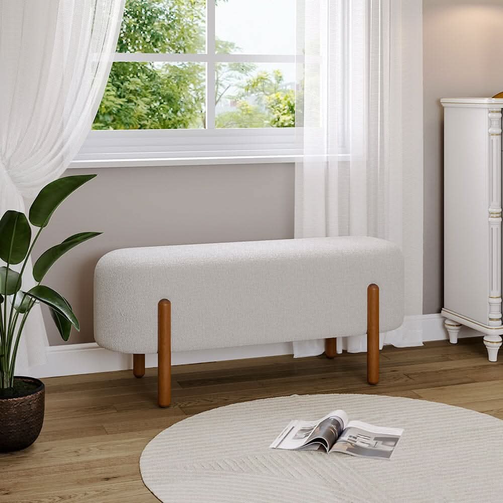 Modern Boucle Bench with Walnut Wood Legs