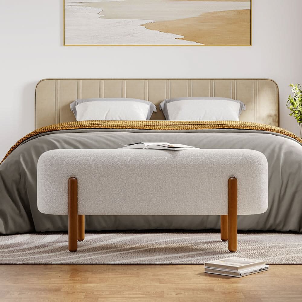 Modern Boucle Bench with Walnut Wood Legs
