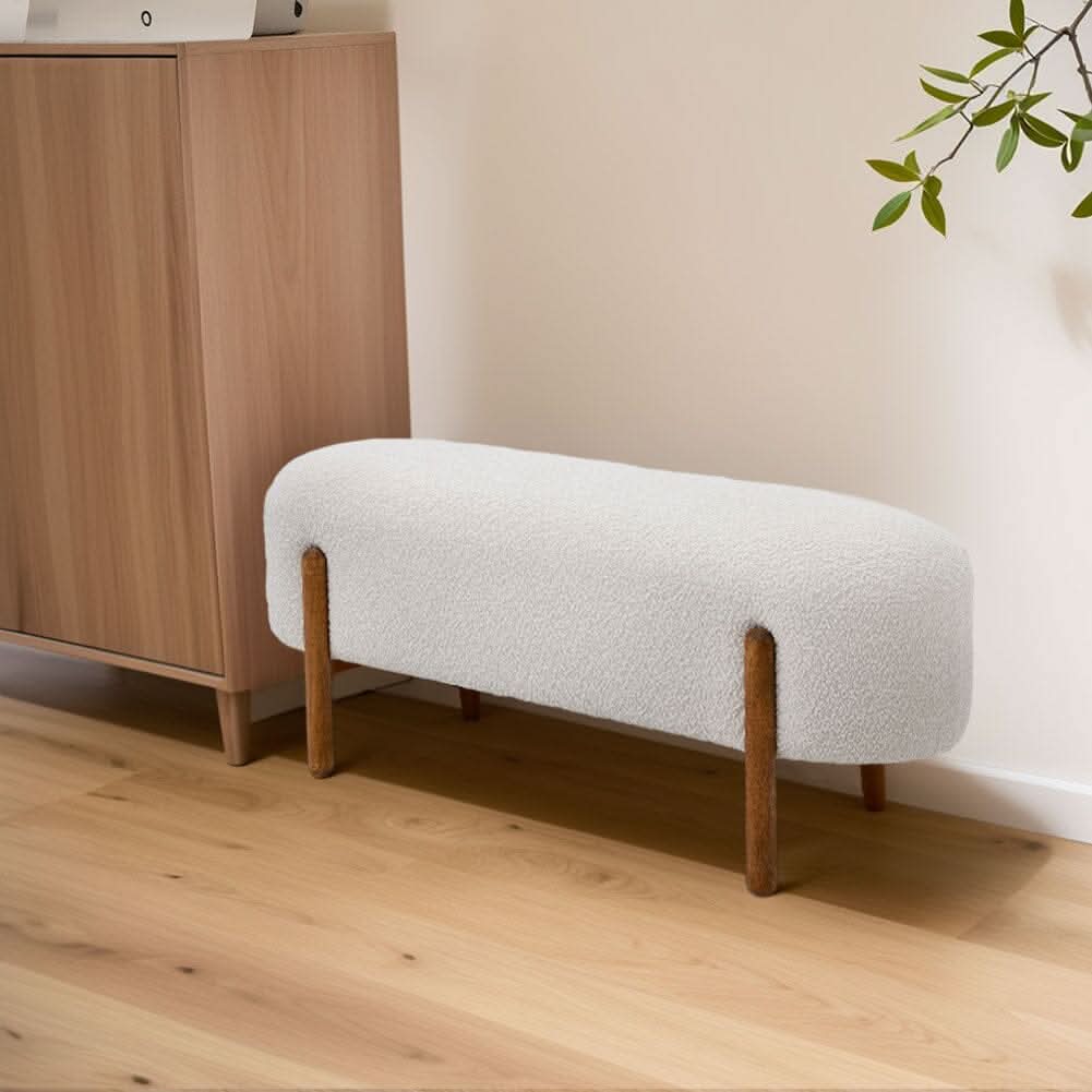 Modern Boucle Bench with Walnut Wood Legs