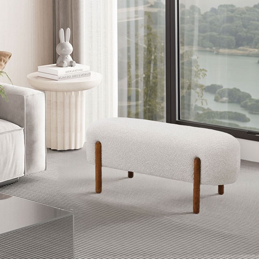 Modern Boucle Bench with Walnut Wood Legs