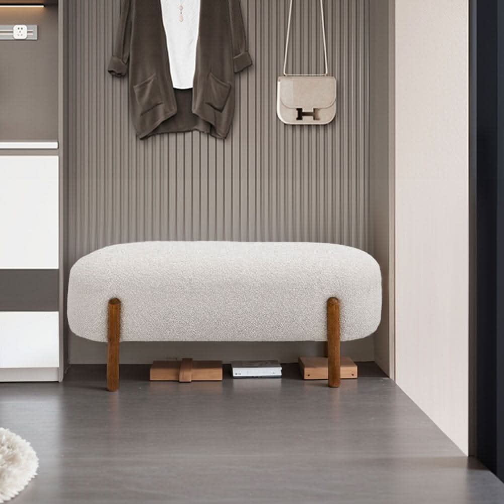 Modern Boucle Bench with Walnut Wood Legs