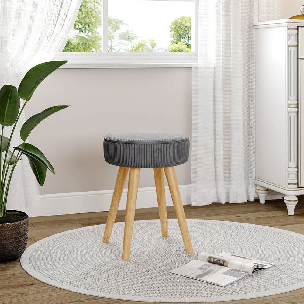 Round Corduroy Stool with Rubber Wood Legs