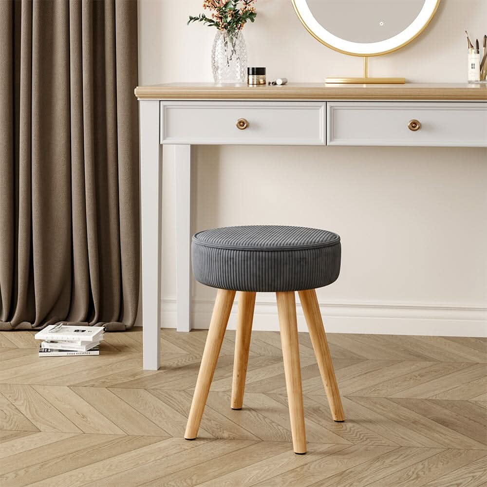 Round Corduroy Stool with Rubber Wood Legs