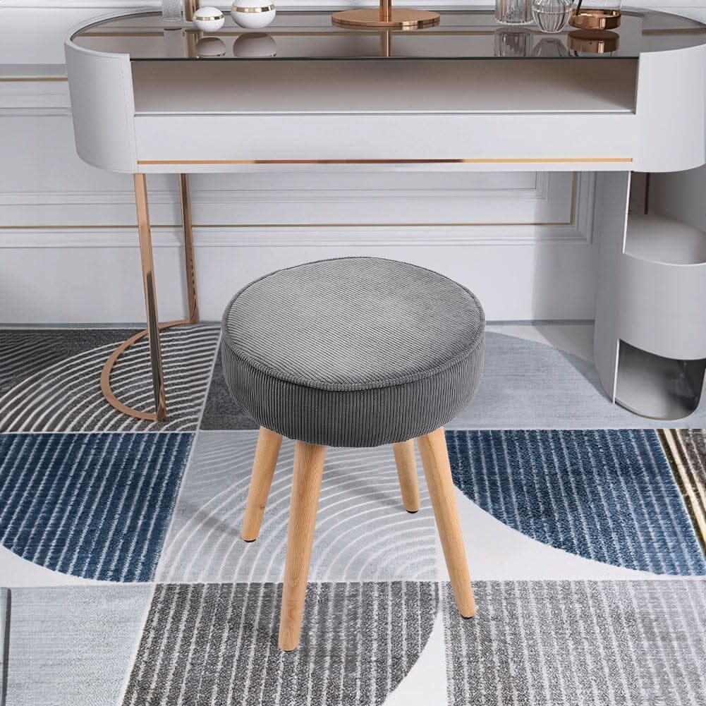 Round Corduroy Stool with Rubber Wood Legs