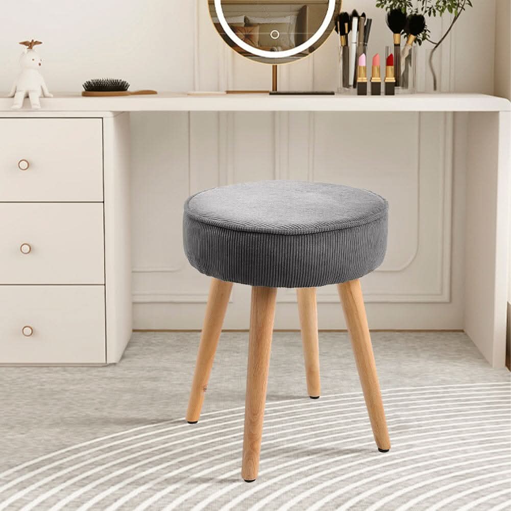 Round Corduroy Stool with Rubber Wood Legs