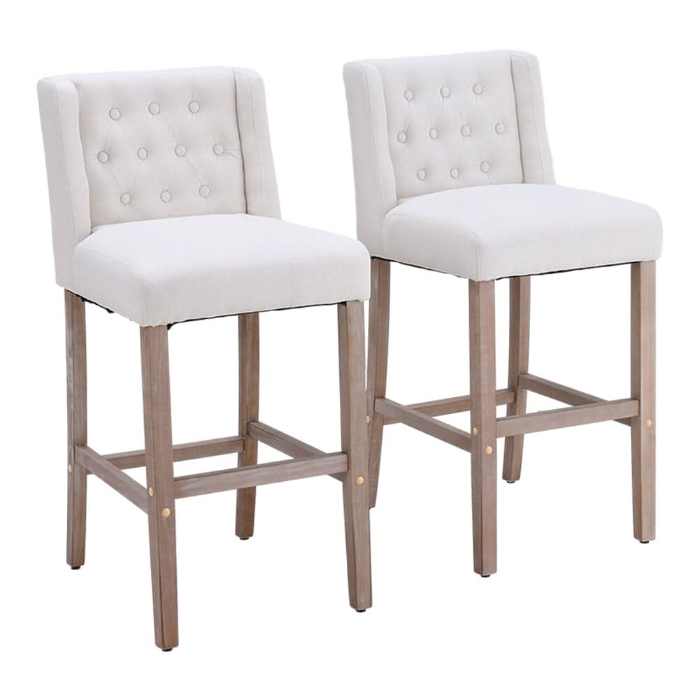 Set of 2 Hight Bar Stools Linen Upholstered with Wood Legs