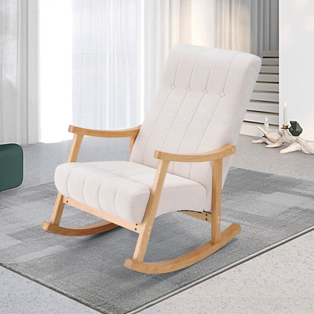 Modern Beige Plush Fabric Rocking Chair with Rubber Wood Legs