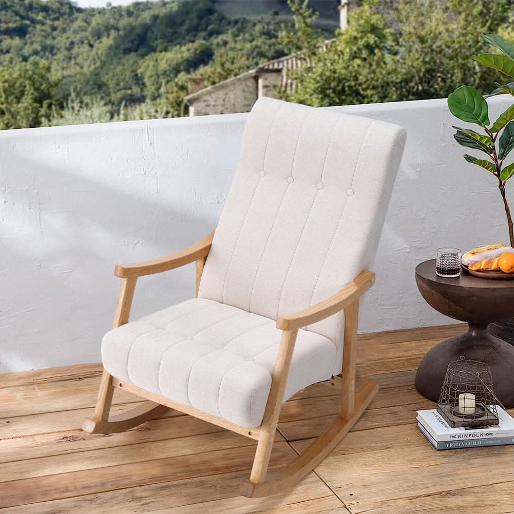 Modern Beige Plush Fabric Rocking Chair with Rubber Wood Legs