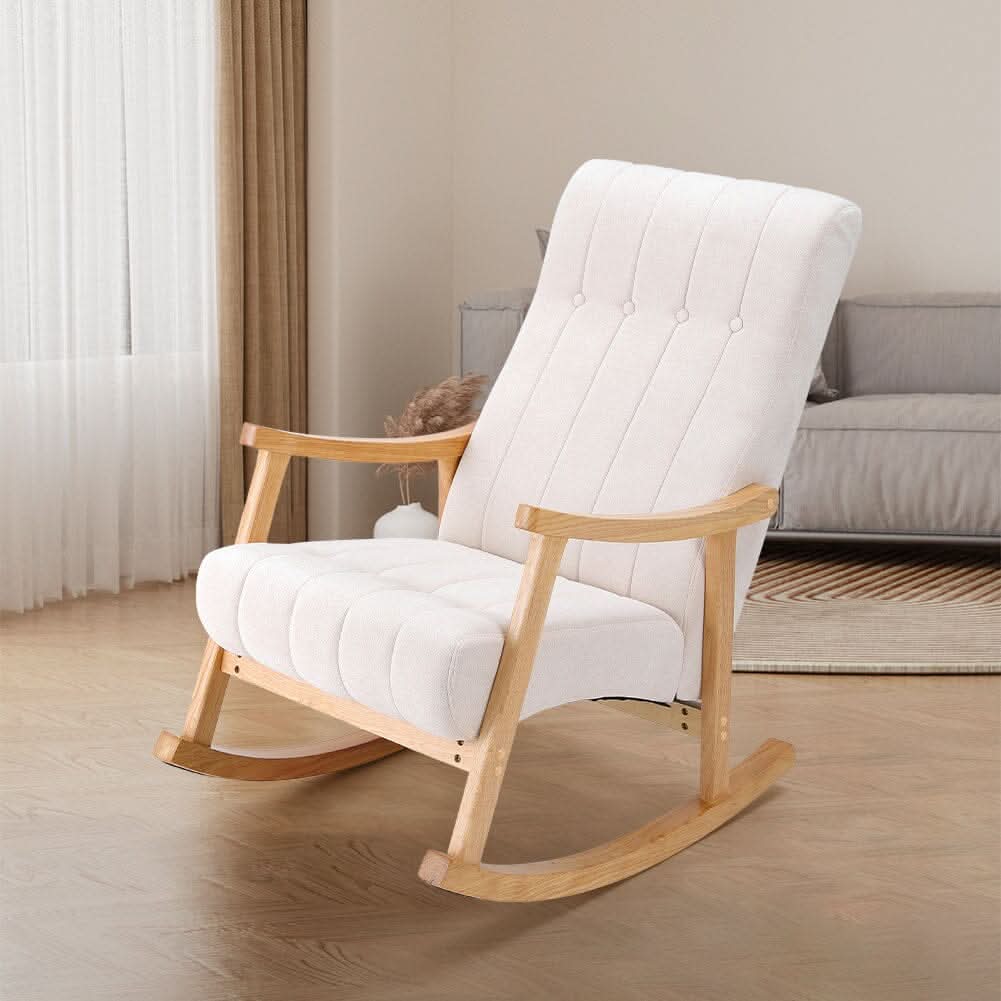 Modern Beige Plush Fabric Rocking Chair with Rubber Wood Legs