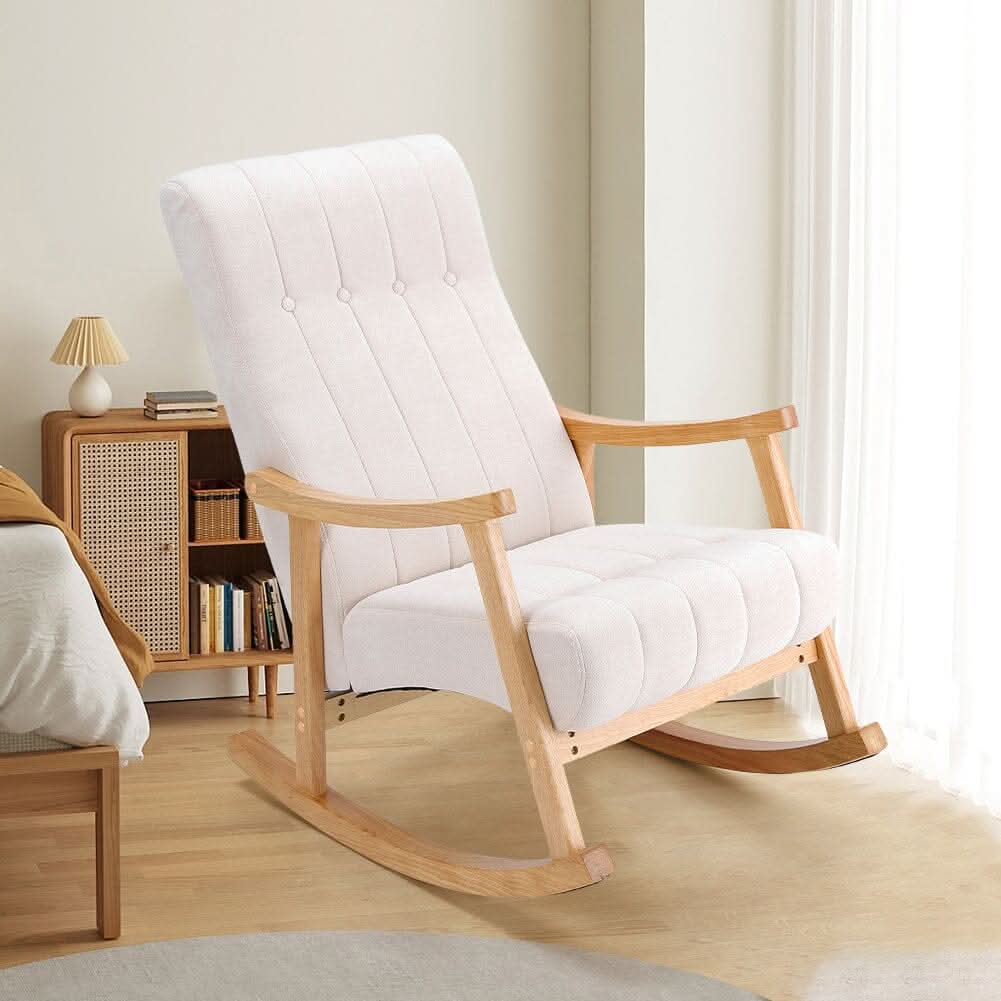 Modern Beige Plush Fabric Rocking Chair with Rubber Wood Legs