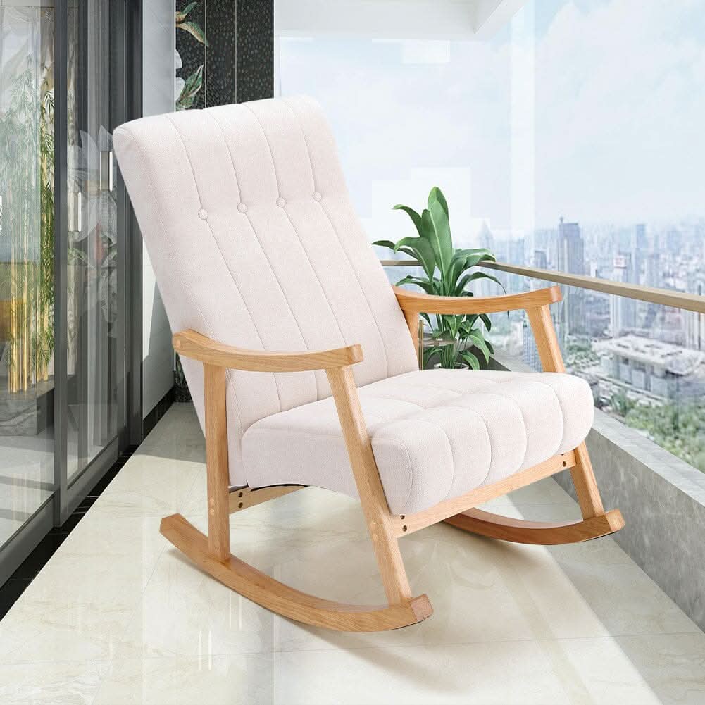 Modern Beige Plush Fabric Rocking Chair with Rubber Wood Legs