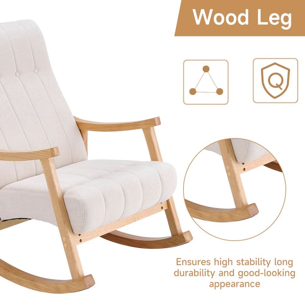 Modern Beige Plush Fabric Rocking Chair with Rubber Wood Legs